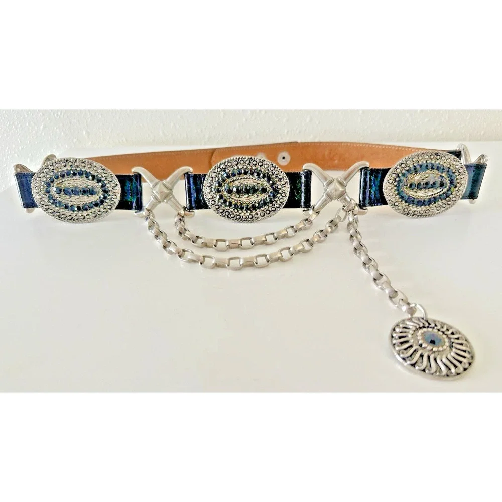 Streets Ahead Belt Silver Metal Chain & Rhinestone Black Leather STATEMENT 32 in